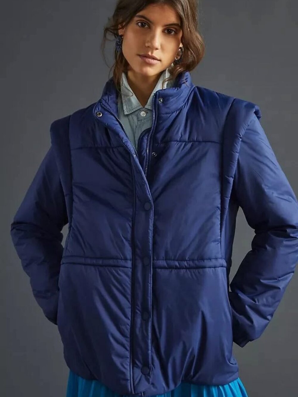 NWT Maeve Anthropologie Women's Snap Sleeve Puffer Jacket in Blue Size Medium